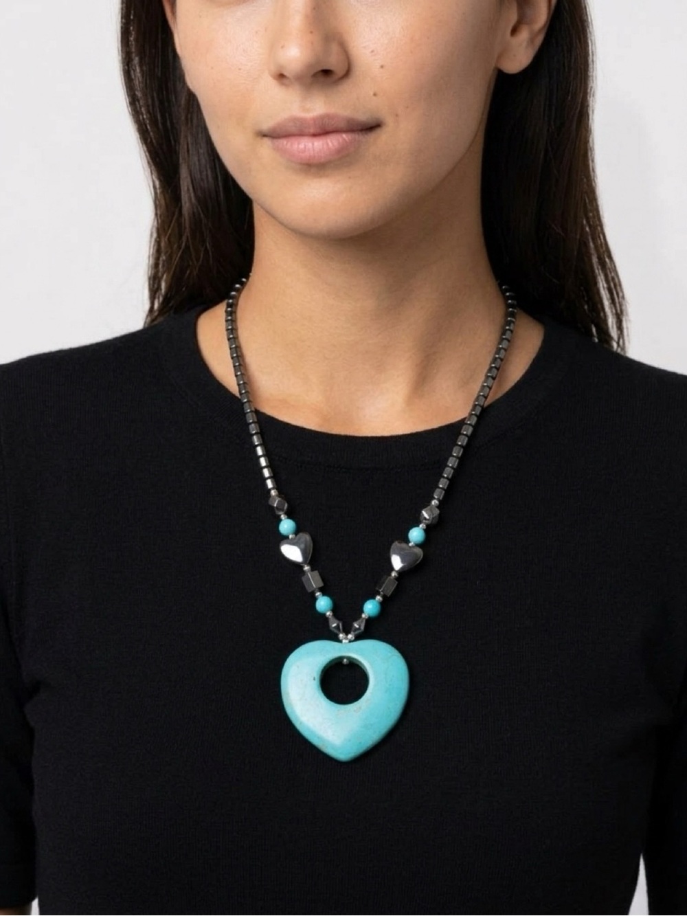 HEMATITE AND NATURAL STONE HEART NECKLACE